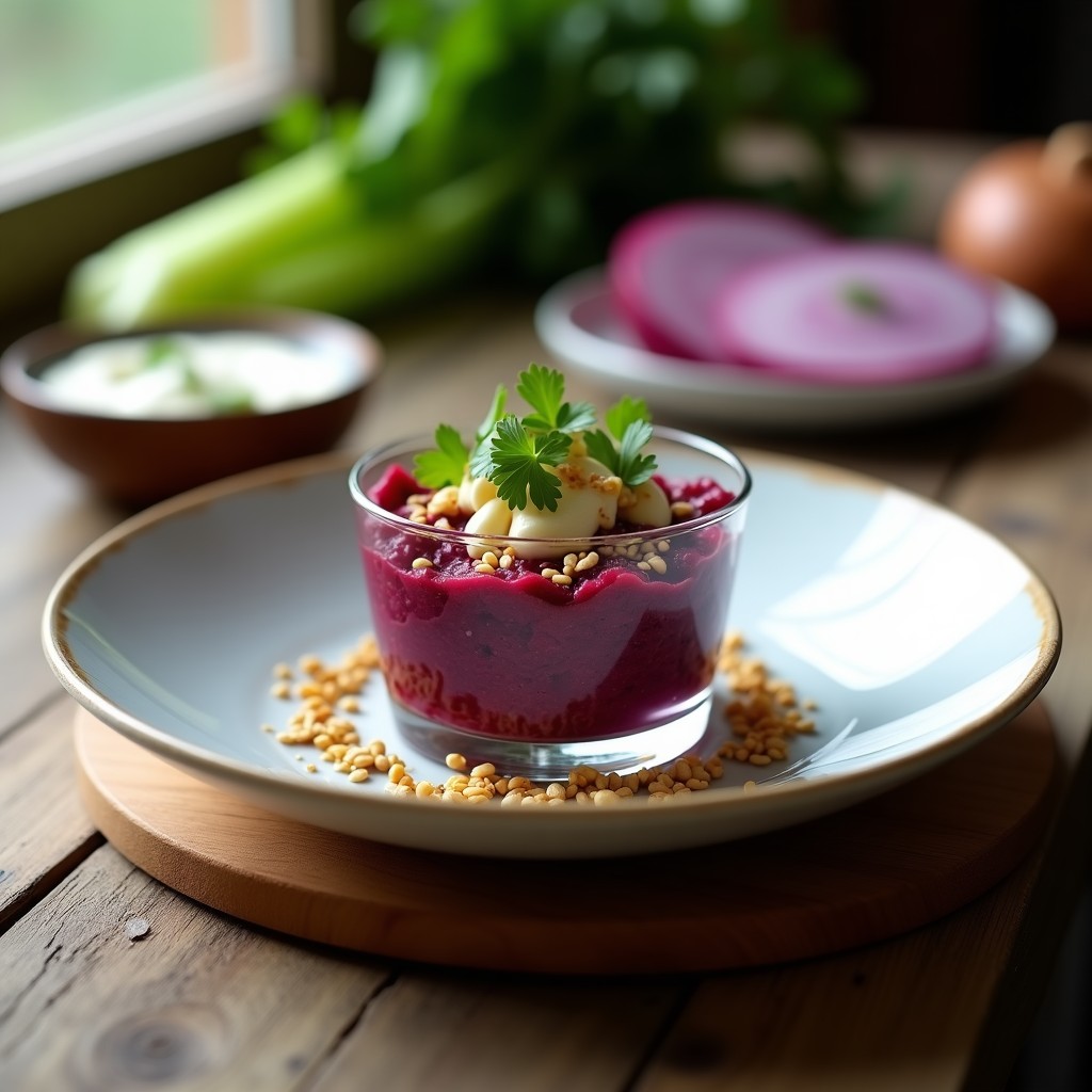 Tartar de remolacha y queso de anacardos vegano crudivoro servido en plato blanco, con capas vibrantes de remolacha morada, crema de anacardos cremosa, germinados verdes, pistachos picados y alga nori en copos. Receta vegana con toque ácido y presentación gourmet.