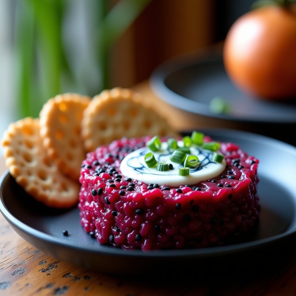 Tartar de remolacha y queso azul vegano servido en molde redondo sobre plato negro, con semillas de sésamo negro y cebollino fresco, acompañados de crackers integrales.