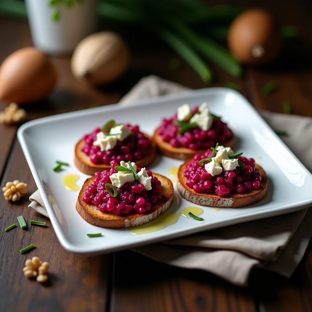 Plato blanco rectangular con 4 tostadas de pan de centeno cubiertas de tartar de remolacha morada en cubos, queso de cabra desmenuzado, nueces picadas y decoración de cebollino, con un hilo de aceite de oliva brillante.