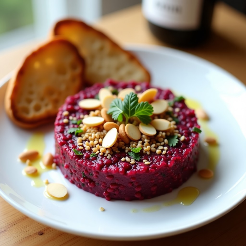 Plato blanco con tartar de remolacha y quinoa servido en molde redondo, coronado con crujiente de almendras y sésamo, acompañado de tostadas integrales y perejil fresco.