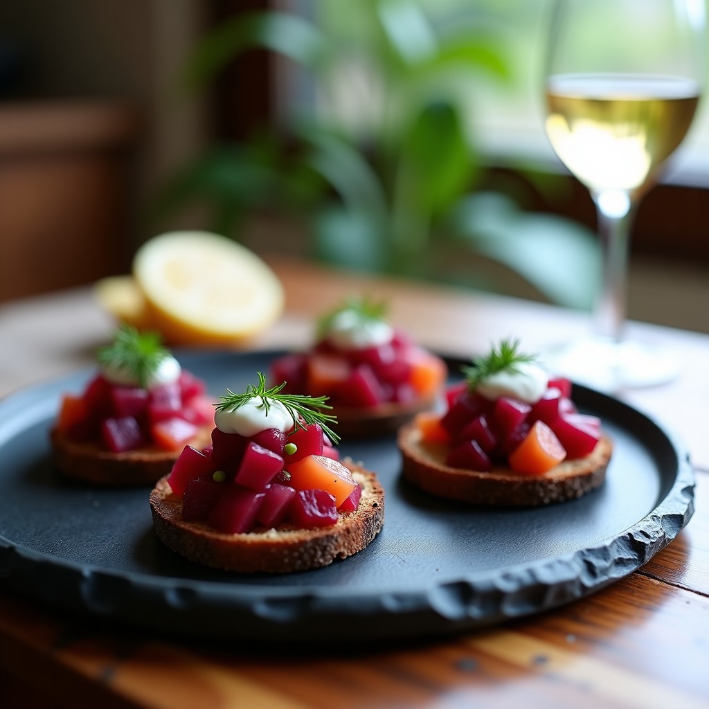 Plato elegante con tartar de remolacha y salmón ahumado, servido sobre rebanadas de pan de centeno tostado, decorado con crema agria y eneldo fresco. Receta gourmet nórdica.