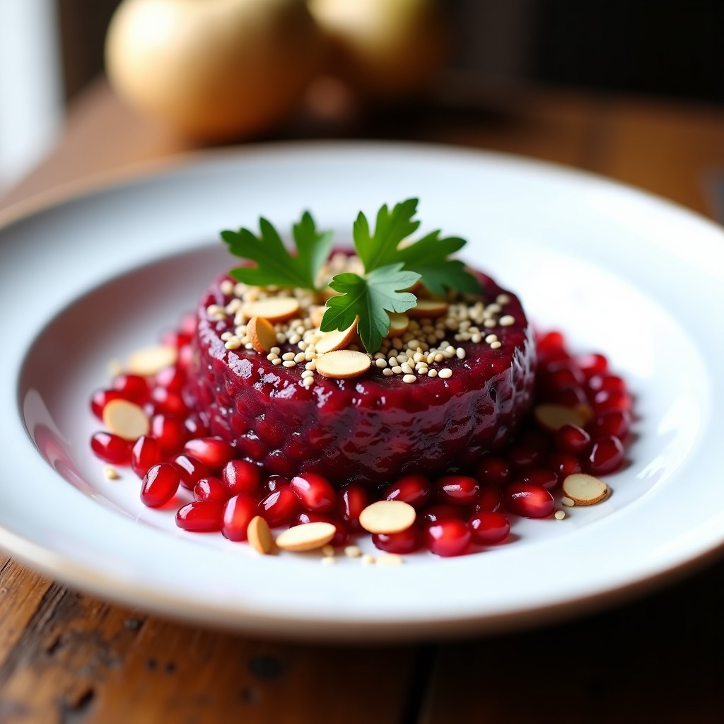 Tartar de remolacha zaanouri y granada servido en plato blanco con capas vibrantes de remolacha morada, semillas de granada rojas y toques de sésamo y almendras tostadas, receta umami sin cocción.