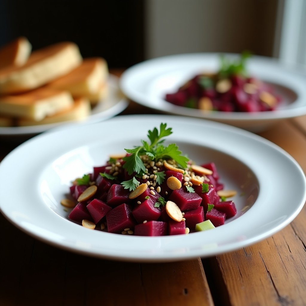 Plato blanco con tartar de remolacha Zaanouri marroquí, cubos de remolacha morada mezclados con cebolla morada, apio, cilantro y menta, decorado con almendras tostadas y semillas de sésamo, servido con pan de pita.
