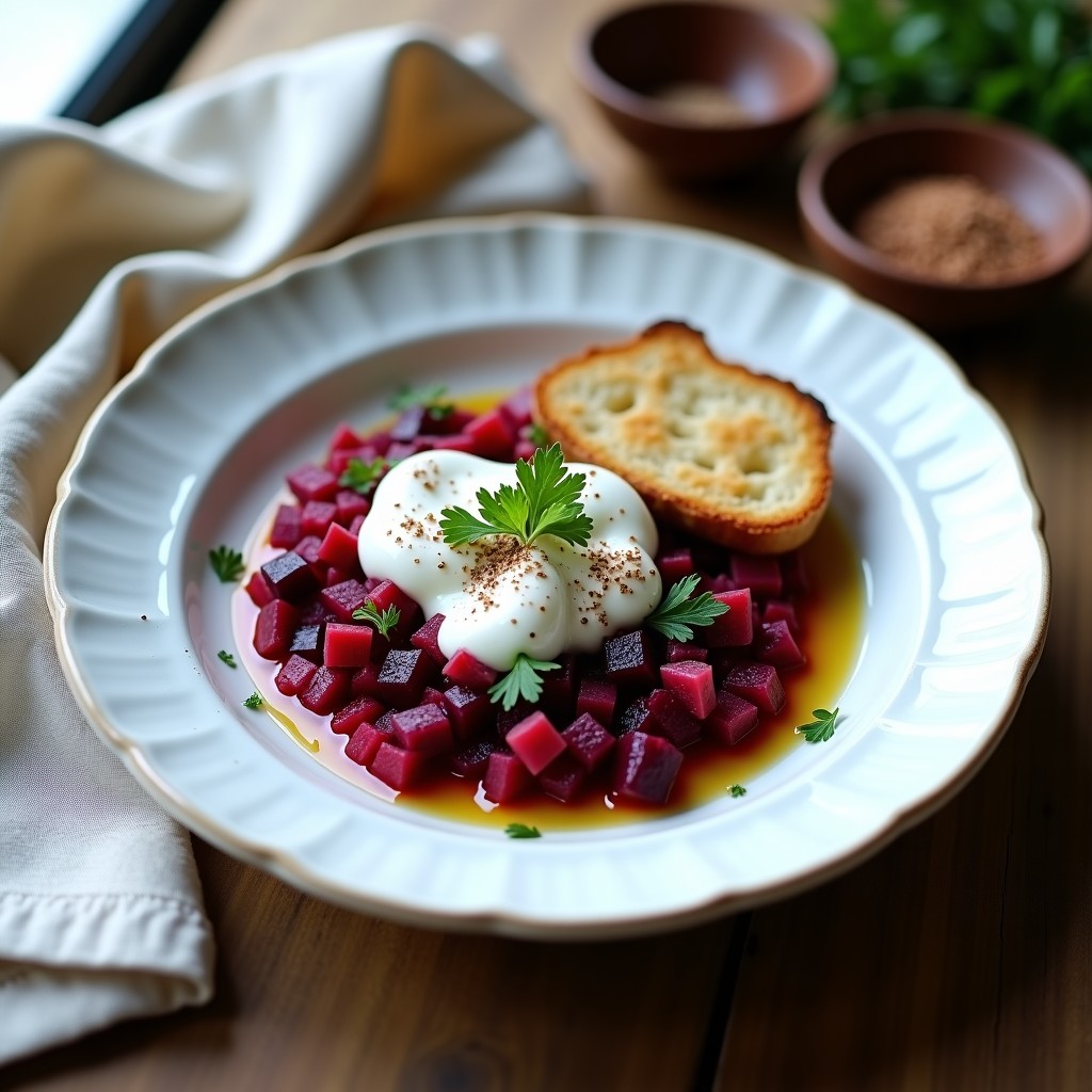 Plato blanco con tartar de remolacha en cubos morados y rojos, mezclado con cebolla morada y perejil, sobre tostadas integrales con salsa de yogur griego y zaatar espolvoreado.