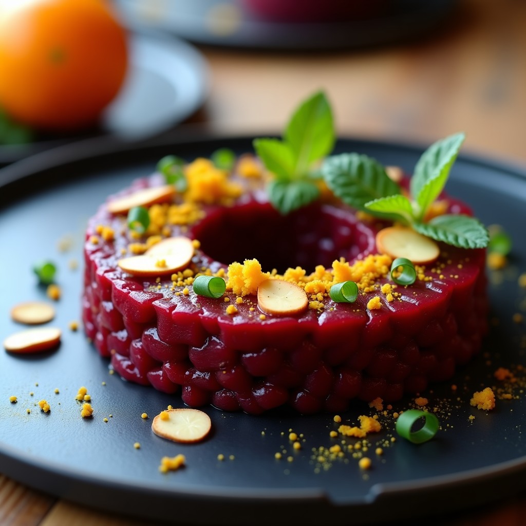Tartar de remolacha y zumo de naranja con azafrán servido en molde metálico, decorado con hebras de azafrán, almendras fileteadas y hojas de menta fresca sobre fondo oscuro.