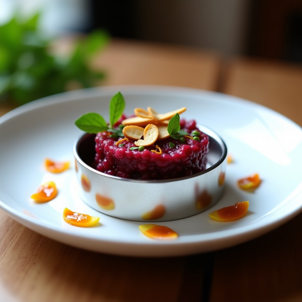 Plato blanco con tartar de remolacha y azafrán, servido en anillo de acero, con almendras tostadas espolvoreadas y perejil fresco. Receta vegana gourmet de colores vibrantes.