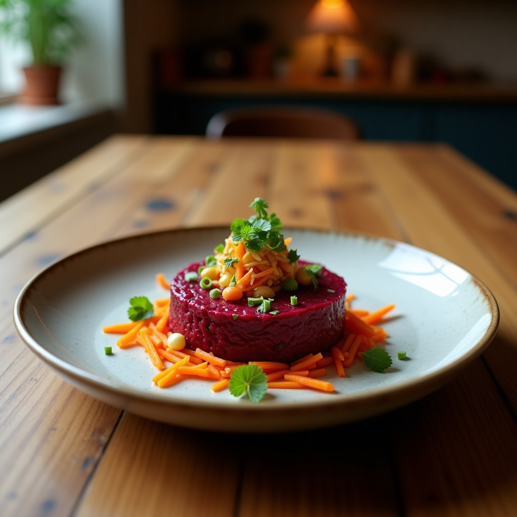 Plato de tartar de remolacha y zanahoria ahumada servido en molde metálico, con almendras fileteadas y perejil fresco, receta sin cocción y alta en antioxidantes.