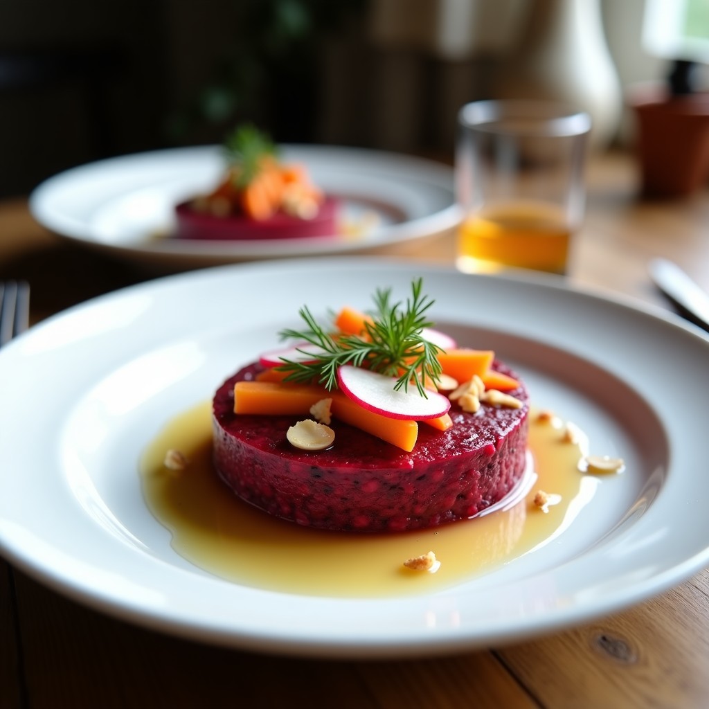 Tartar de remolacha y zanahoria en molde redondo, con rodajas de rábano, almendras tostadas y eneldo fresco, receta fresca y vegana.