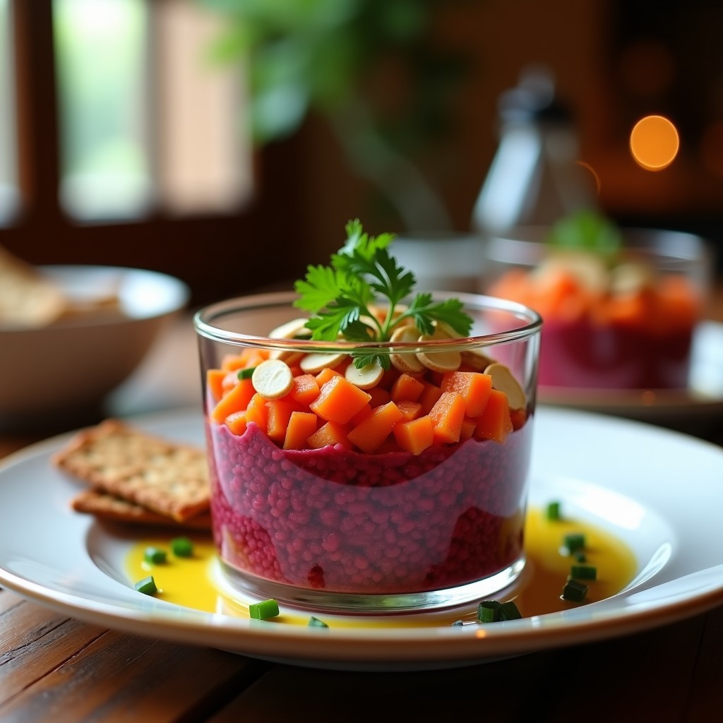 Tartar de remolacha y zanahoria trufado servido en copa de cristal transparente, con capas vibrantes de color rojo y naranja, decorado con almendras fileteadas y perejil fresco.