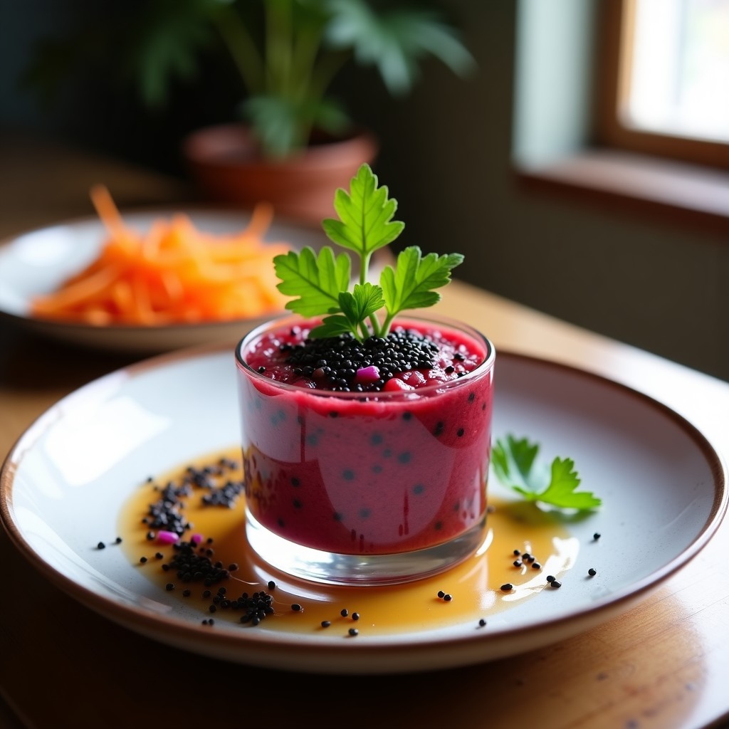 Tartar de remolacha y zanahoria con umami servido en copa de cristal, decorado con semillas de sésamo negro y hojas de cilantro fresco sobre fondo rústico.