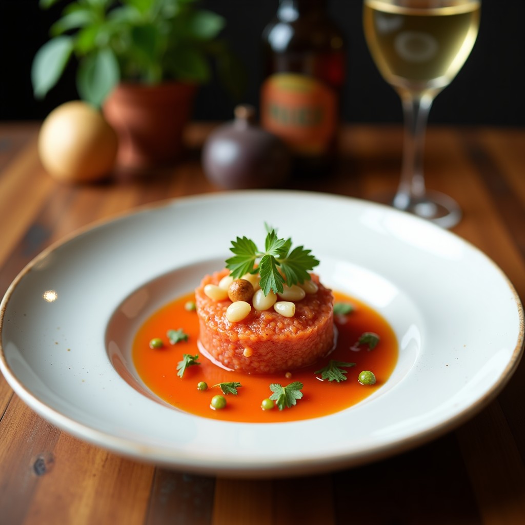 Plato blanco minimalista con tartar de remolacha zero waste, cubos de remolacha cruda, manzana verde y apio, decorado con semillas de sésamo y hojas de remolacha, receta sin cocción.