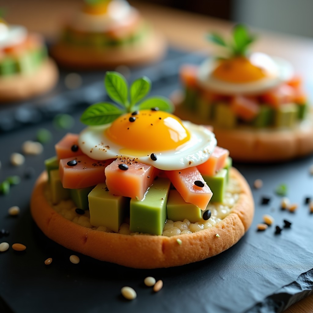 Tartar de salmón y aguacate servido sobre bases de pan de pita crujiente en airfryer, decorado con huevo de codorniz y semillas de sésamo.