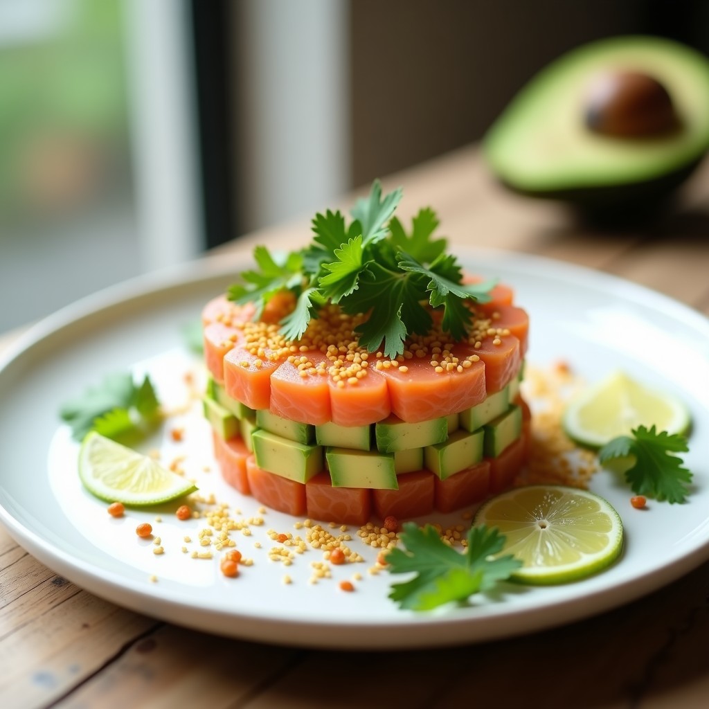 Plato blanco elegante con tartar de salmón y aguacate en molde de acero, decorado con hojas de cilantro crujientes, semillas de sésamo y rodajas de lima, receta airfryer.