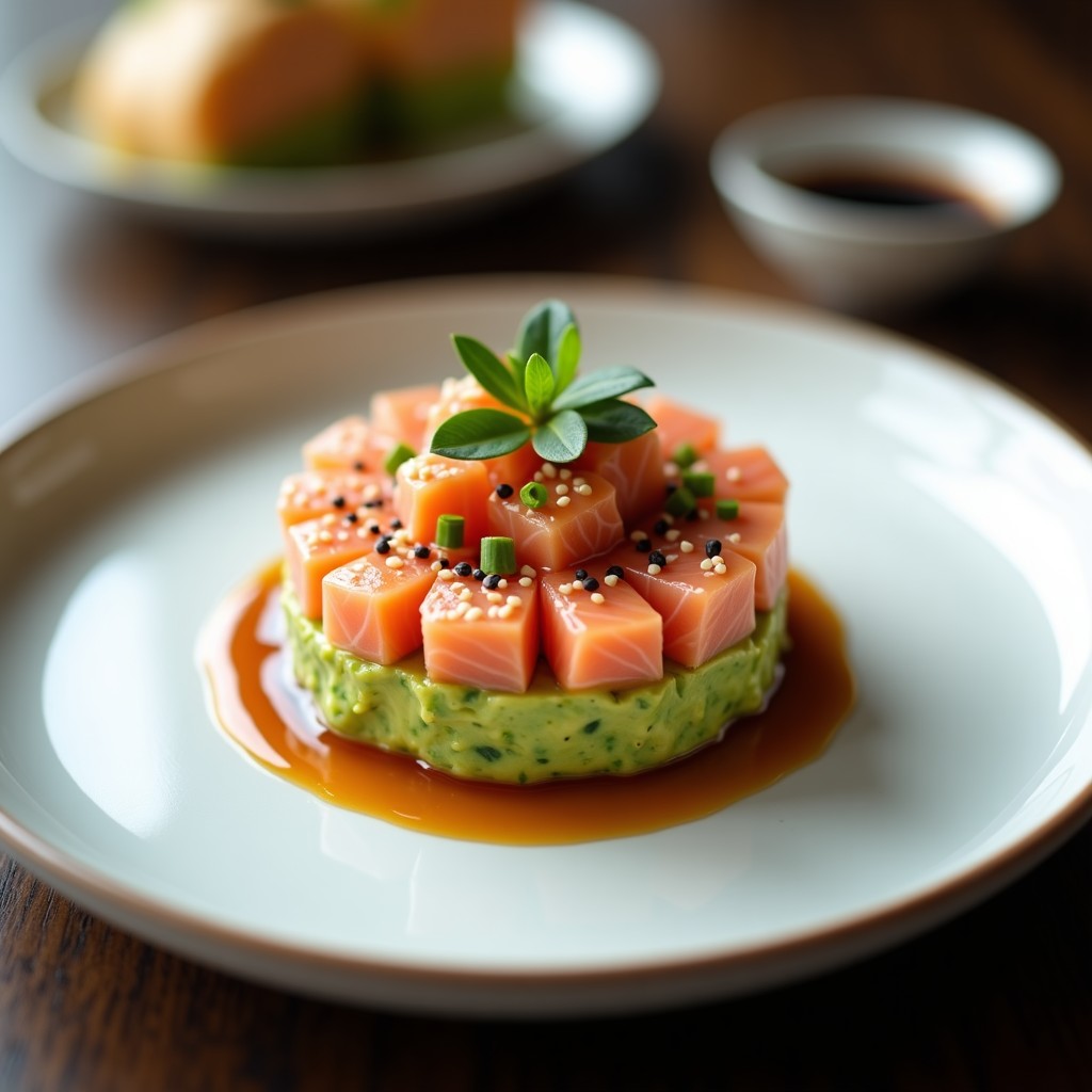 Tartar de salmón y aguacate en capas perfectas, bañado con salsa de soja cítrica, decorado con semillas de sésamo negro y cebollino sobre un plato de cerámica blanca.