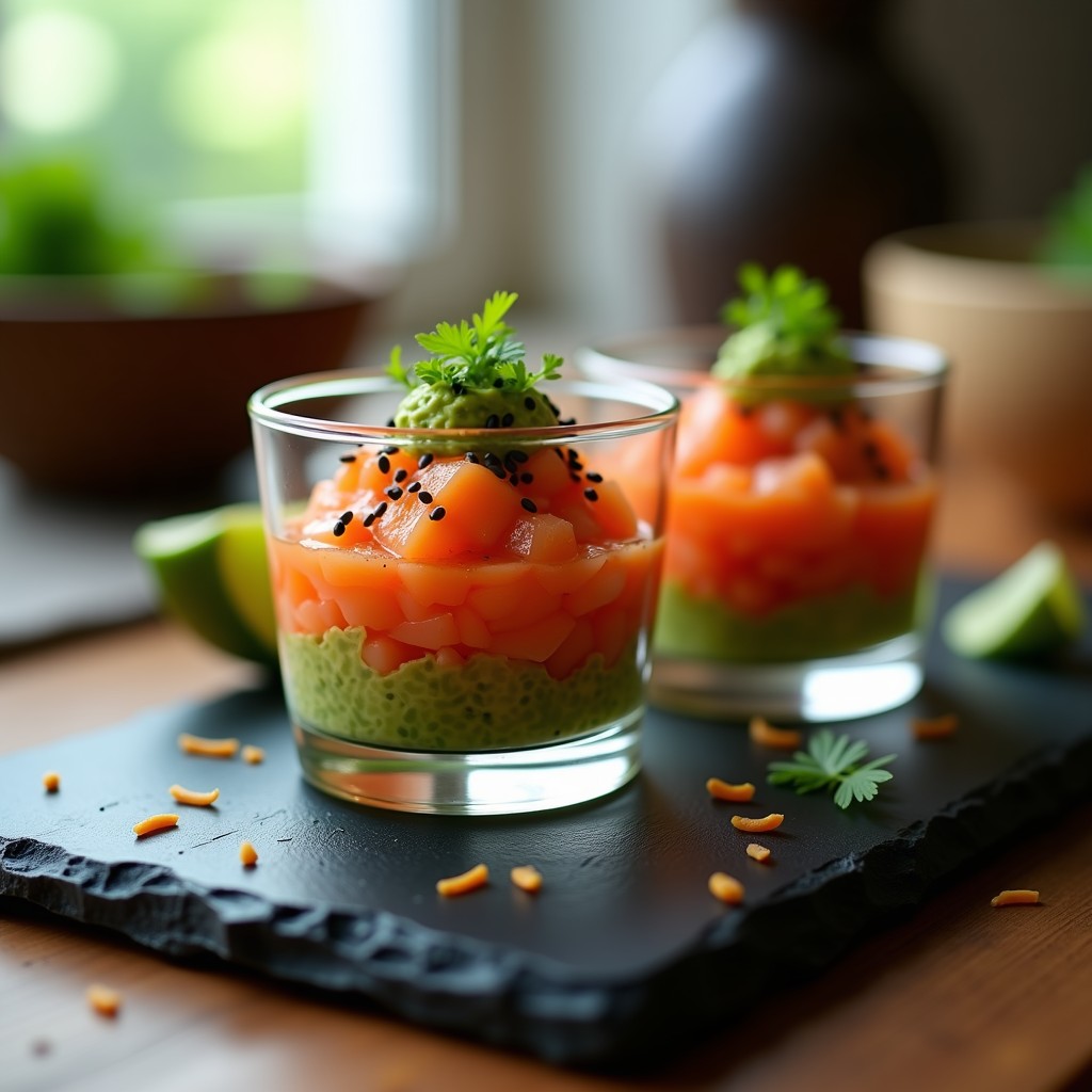 Copas de cristal transparente con tartar de salmón y aguacate, decorado con semillas de sésamo negro, láminas de alga nori y un toque de wasabi verde sobre fondo oscuro.