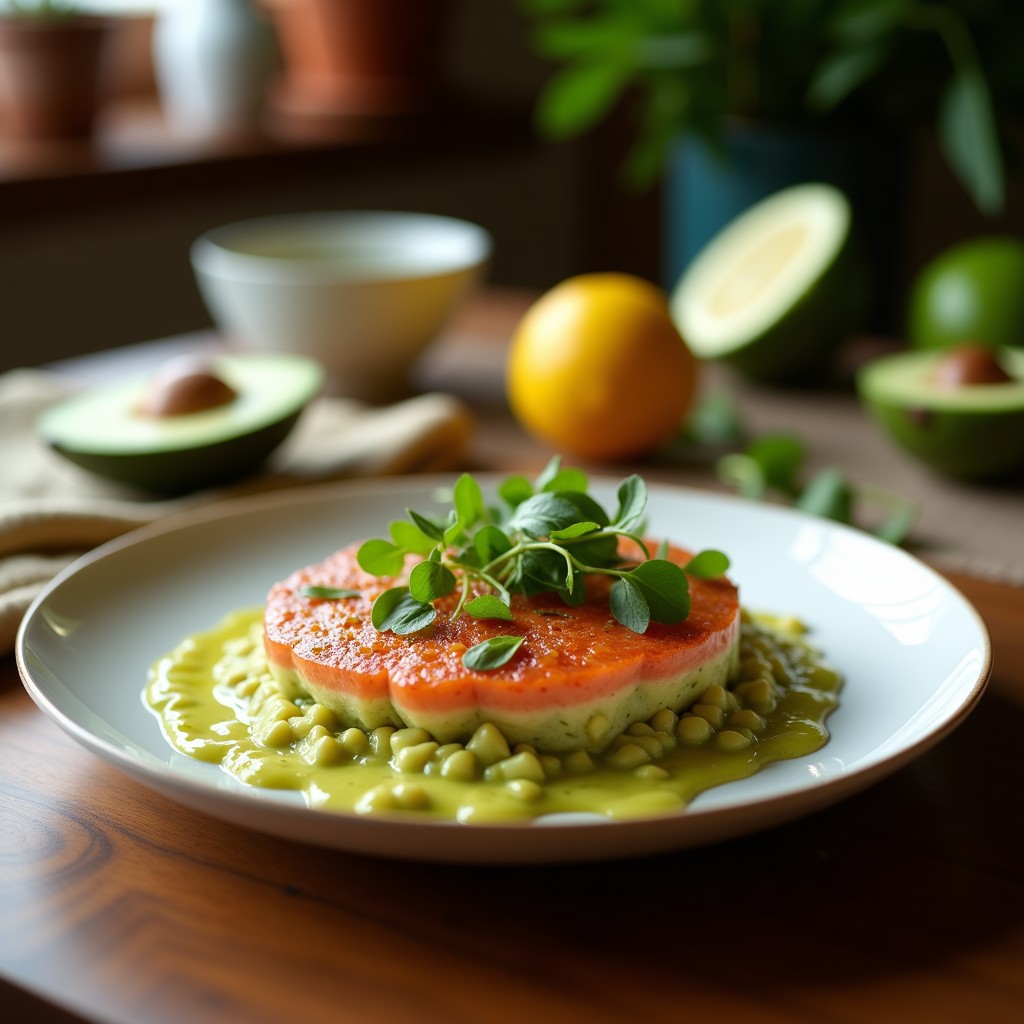 Tartar de salmón ahumado y aguacate servido en copa de cristal con semillas de sésamo y eneldo fresco, acompañado de tostadas integrales.