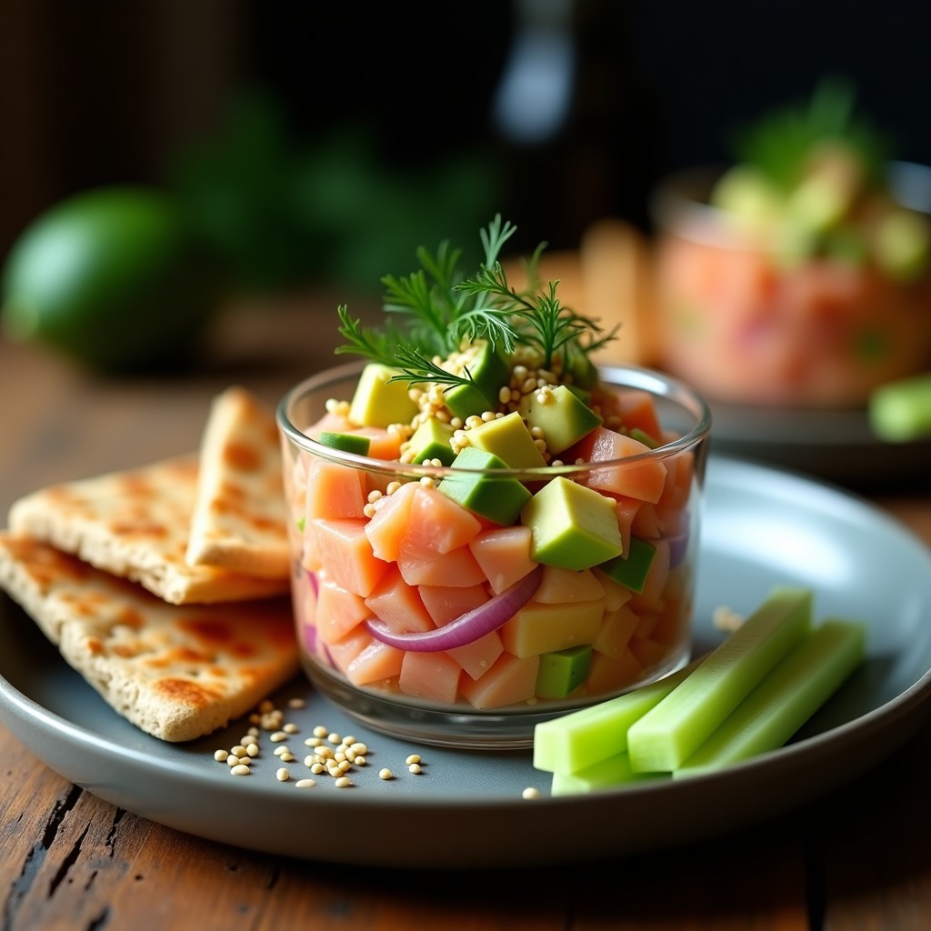 Copa de cristal con tartar de salmón ahumado y aguacate al limón, decorado con semillas de sésamo, eneldo fresco y un hilo de aceite de oliva sobre fondo oscuro.