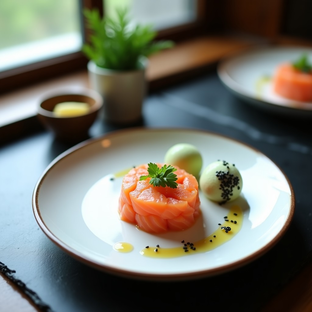Plato minimalista japonés con tartar de salmón ahumado en molde redondo, acompañado de dos esferas de helado de wasabi cubiertas de sésamo negro y algas nori. Decorado con cebollino fresco y hilo de aceite de sésamo tostado sobre fondo oscuro.
