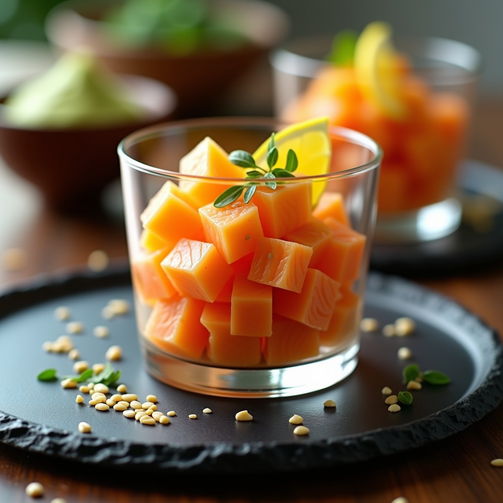 Tartar de salmón ahumado con mango en copa de cristal transparente, decorado con cebollino, sésamo tostado y copos de algas nori, acompañado de vinagreta de wasabi y rodaja de limón. Receta japonesa fresca y colorida.