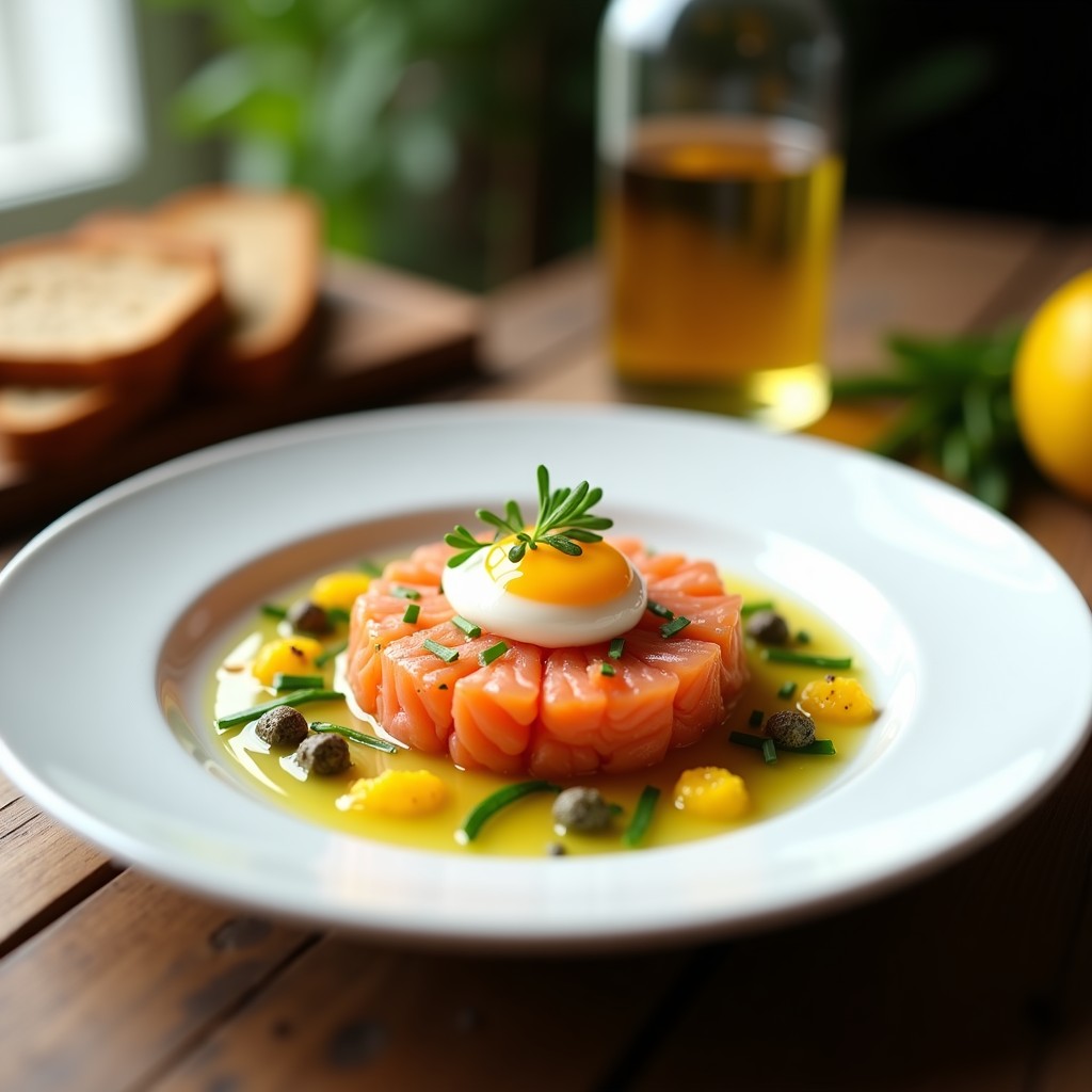Plato blanco elegante con tartar de salmón fresco en el centro, rodeado de tostadas integrales, yema de huevo y decorado con cebollino picado y ralladura de limón.