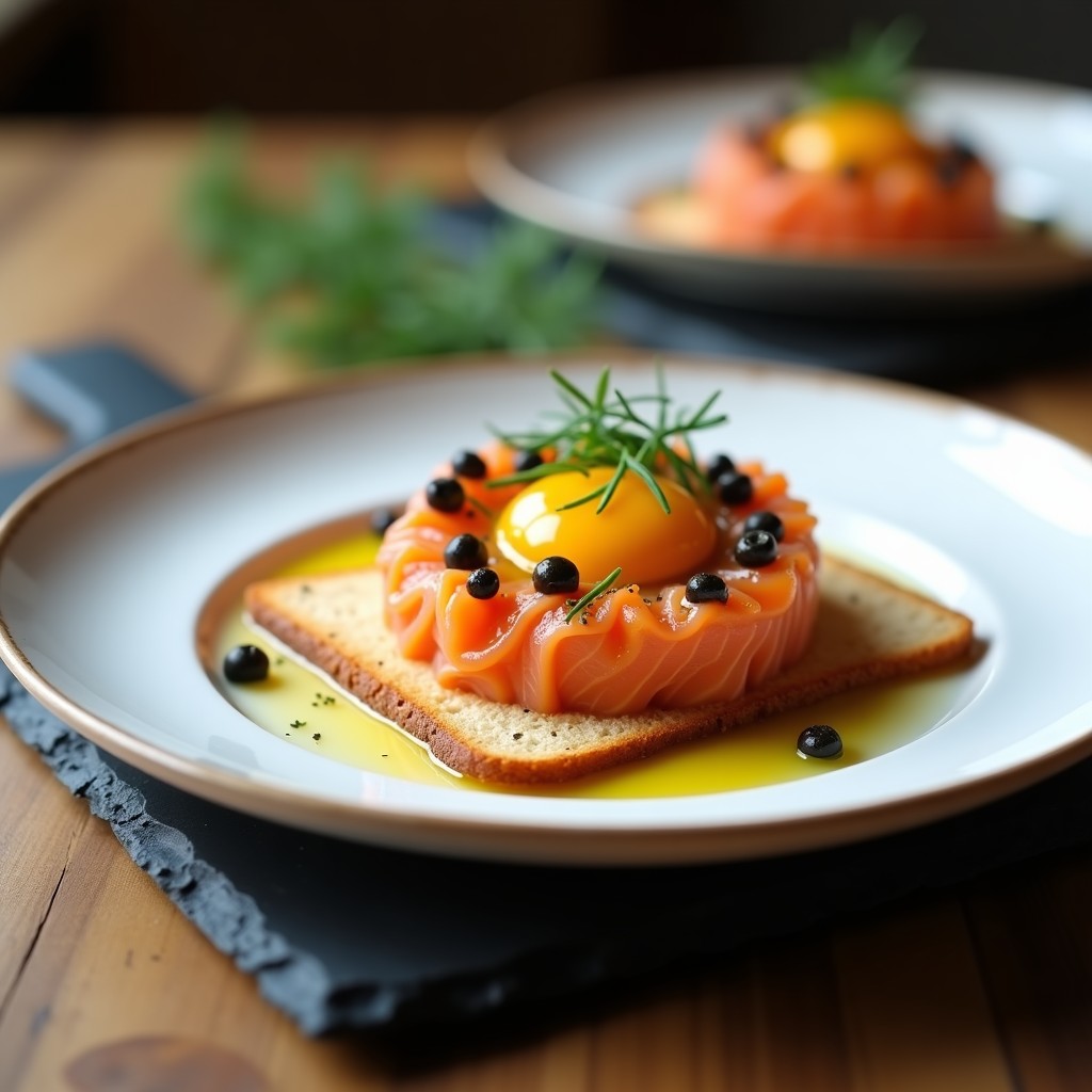 Plato blanco minimalista con tartar de salmón trufado sobre tostadas doradas, decorado con yema de huevo, cebollino y hilo de aceite de trufa negra.