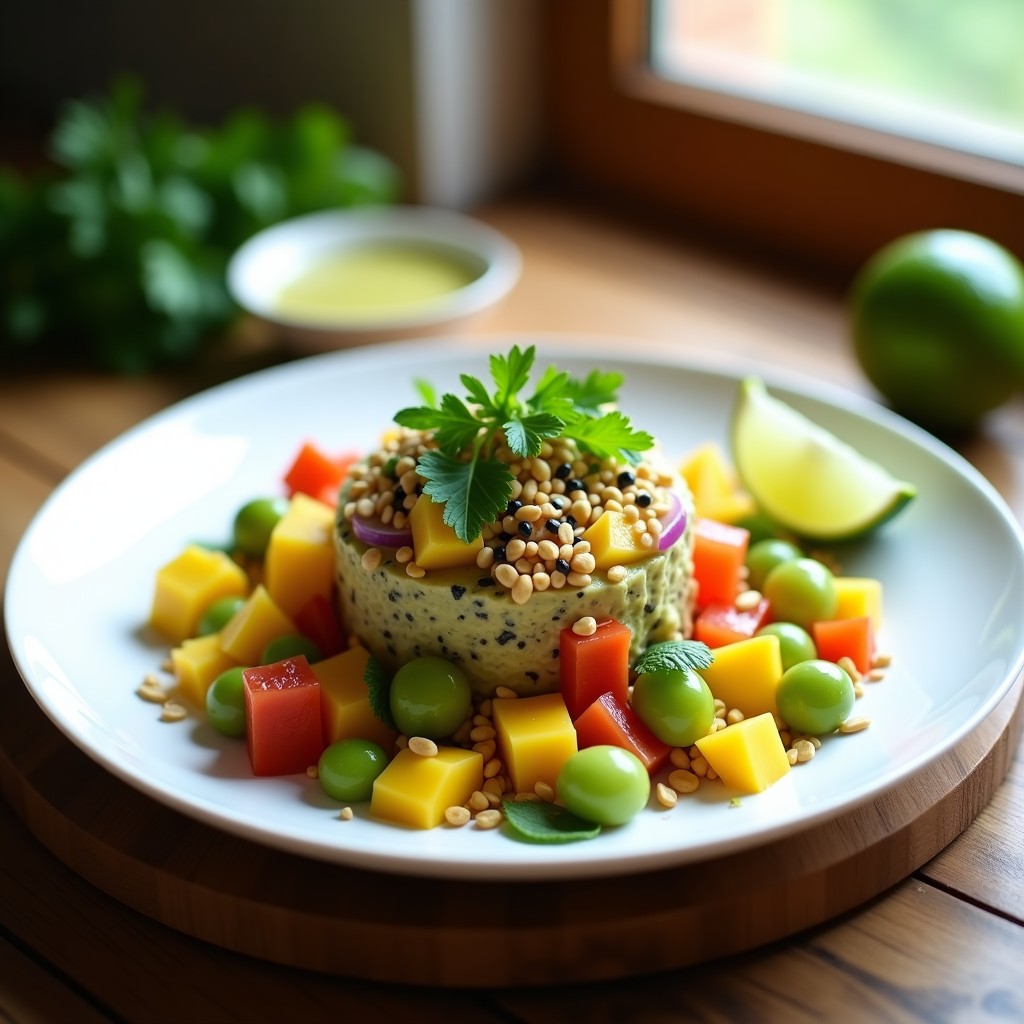 Tartar de tomate verde y mango con vinagreta de lima servido en copa de cristal, decorado con cacahuetes tostados, semillas de sésamo negro y rodajas de lima, sobre fondo rústico de madera.