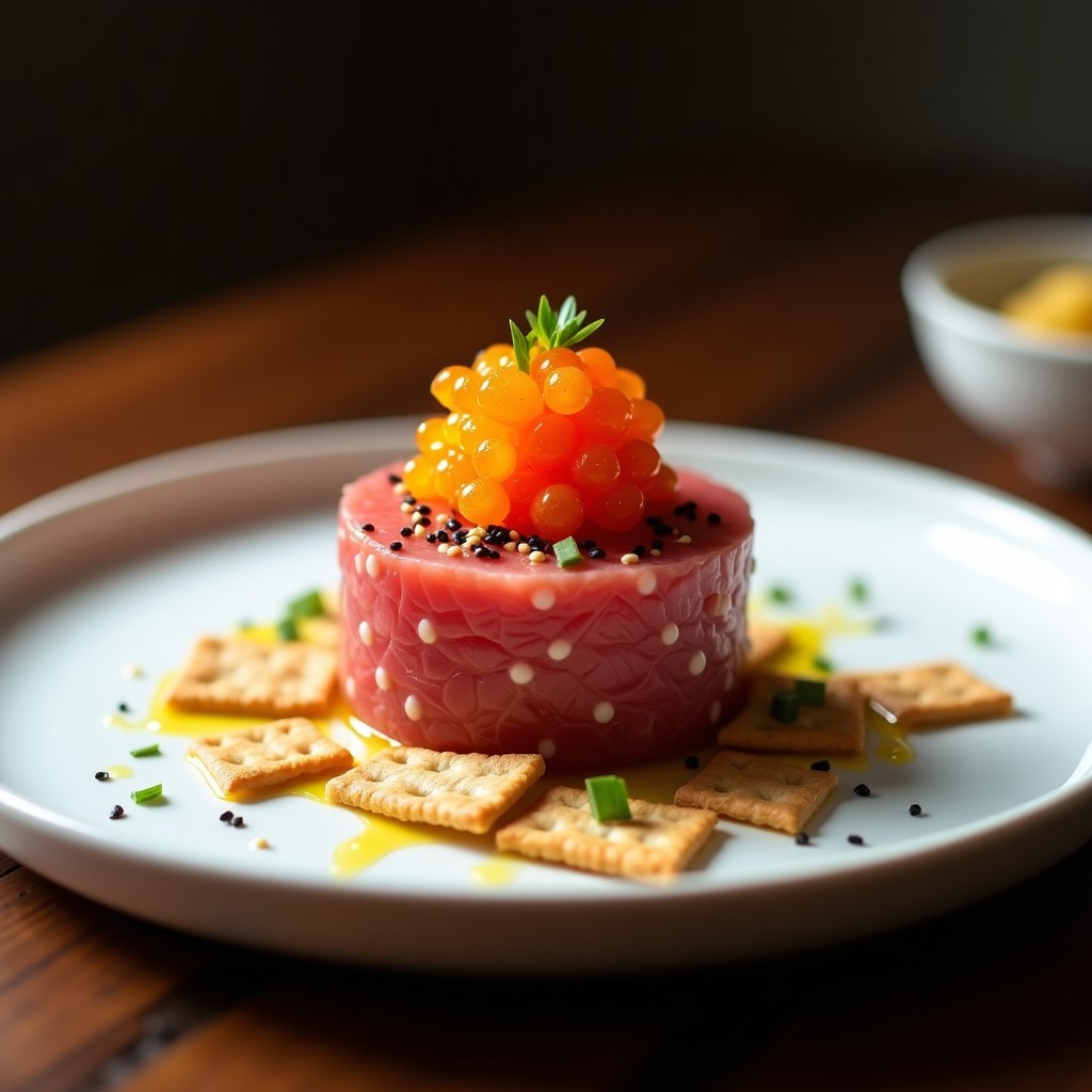 Plato blanco minimalista con tartar de ventresca de atún en forma de torre, coronado por huevas de tobiko naranjas brillantes, semillas de sésamo negro y cebollino picado, acompañado de galletas de arroz.