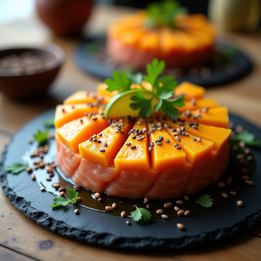 Tártara de mango verde y salmón crudo servida en copa de cristal, decorada con sésamo negro tostado, pimienta rosa y hojas de cilantro, con fondo de tostadas de pan de centeno.