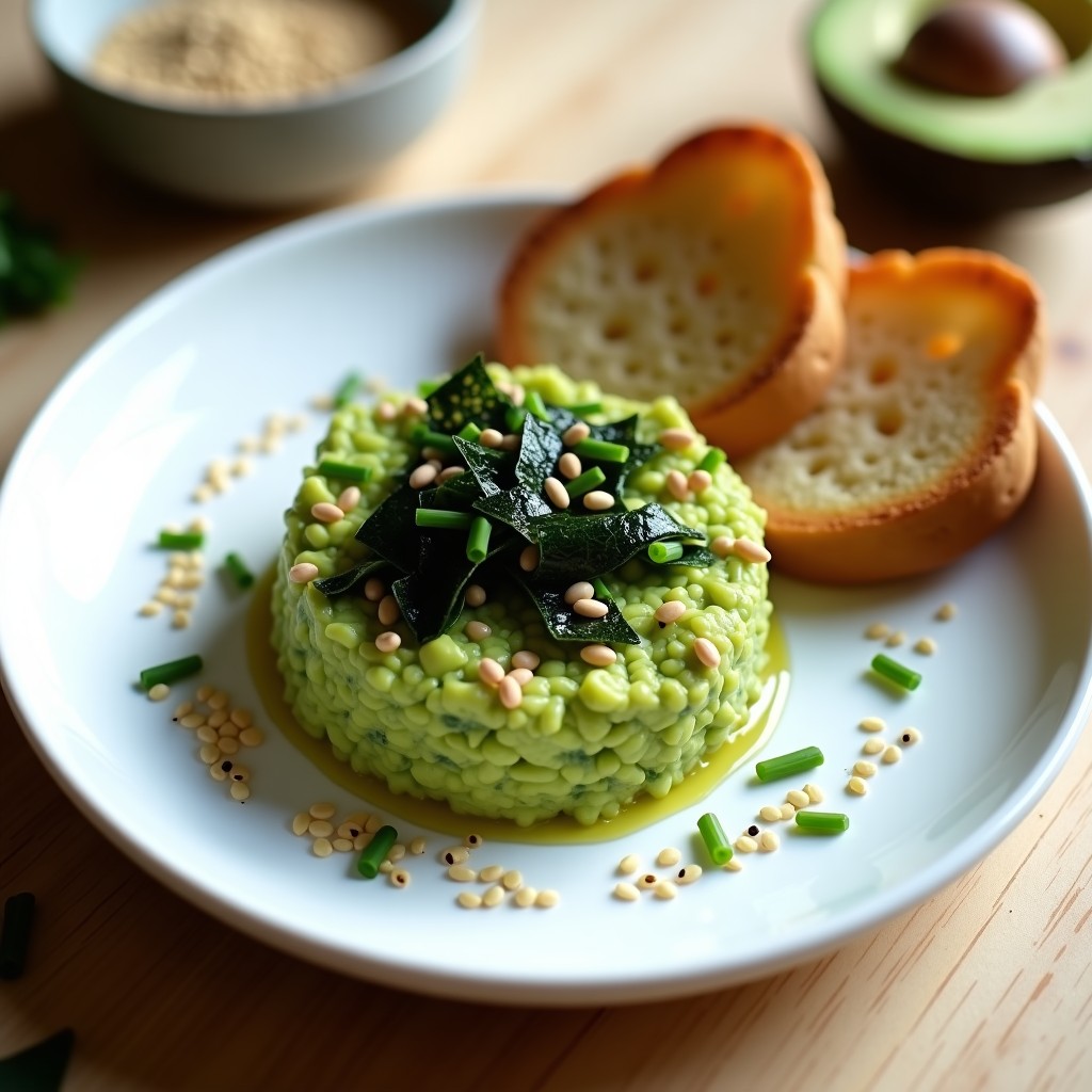 Plato blanco con tartare de aguacate y algas nori crudivegano, decorado con semillas de sésamo negro y cebollino, acompañado de tostadas sin gluten.