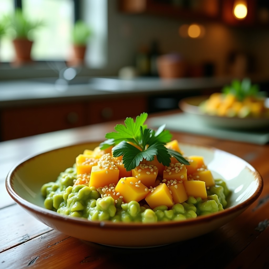 Copa de cristal transparente con tartare de aguacate y mango en cubos, decorado con cilantro fresco y semillas de sésamo tostado, sobre fondo de madera rústica.