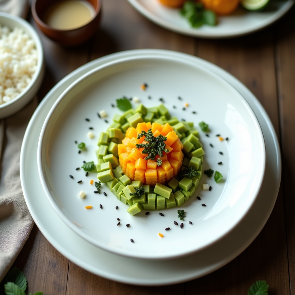 Plato blanco con tartare de aguacate y mango en molde redondo, decorado con crujiente de wasabi verde, tiras de alga nori y semillas de sésamo negro sobre fondo rústico de madera.
