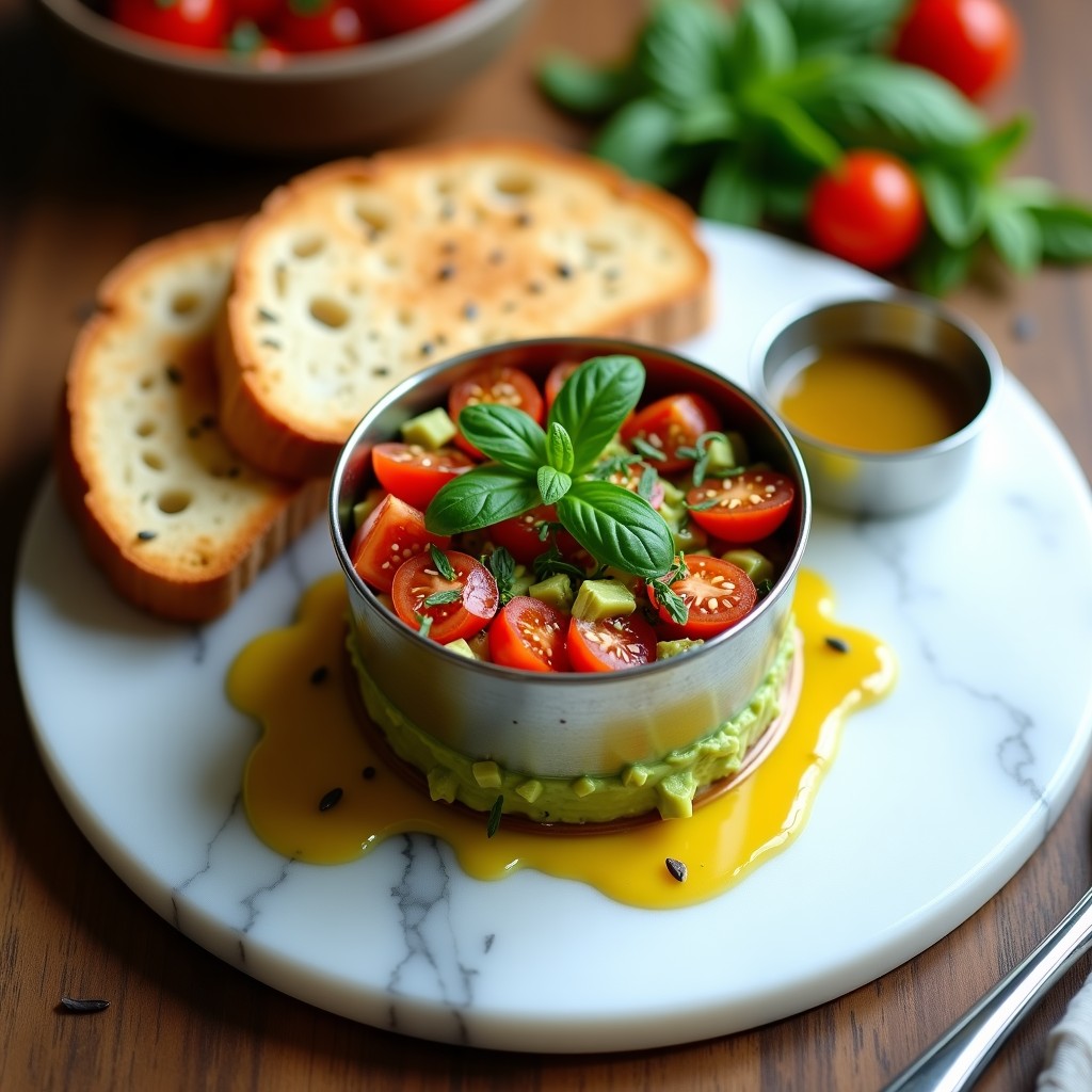 Tartare vegano de aguacate y tomate perla en molde de acero, con vinagreta de mostaza de Dijon, decorado con semillas de sésamo y hojas de albahaca, servido con tostadas integrales.