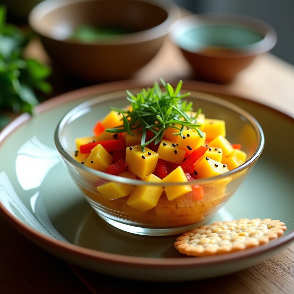 Tartar de algas wakame y mango servido en copa de cristal, con semillas de sésamo negro y cebollino fresco, receta vegana umami.