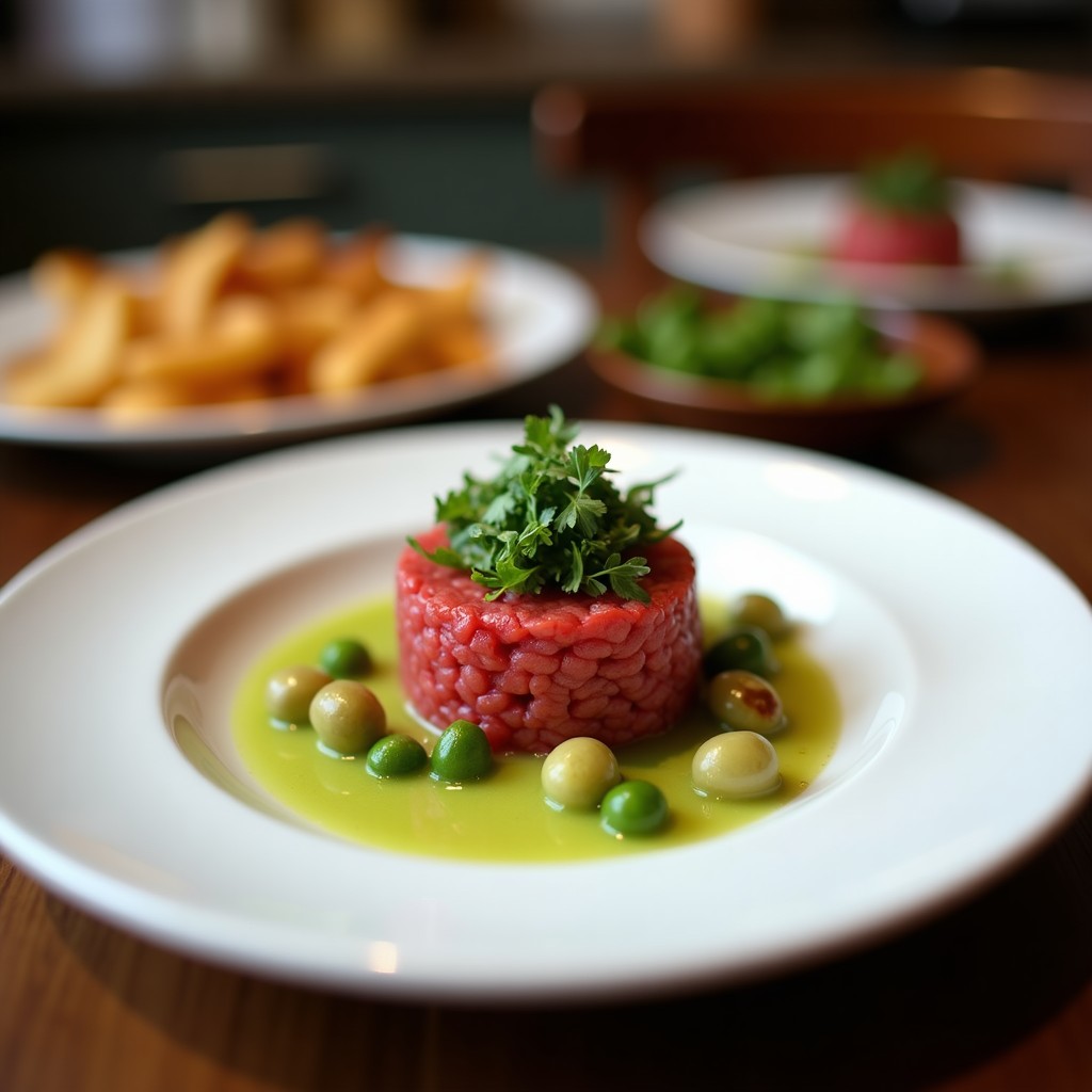 Plato blanco minimalista con tartare de berenjena ahumada y aceitunas verdes, decorado con hojitas de menta fresca, virutas de almendra tostada y un hilo de aceite de oliva virgen extra, sobre fondo rústico de madera clara.