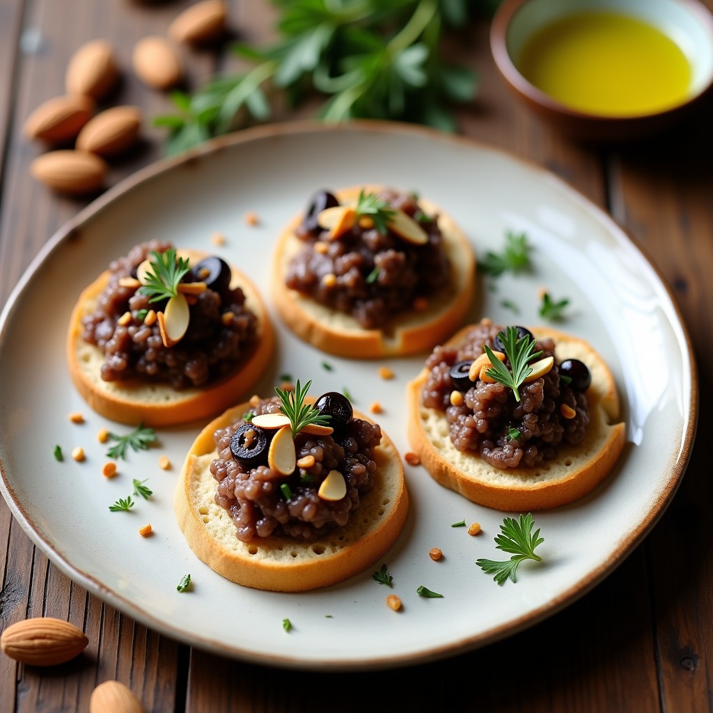 Tartare de champiñones portobello y aceitunas kalamata vegano servido en pan de pita tostado, con almendras fileteadas y perejil fresco, sobre una mesa rústica de madera.