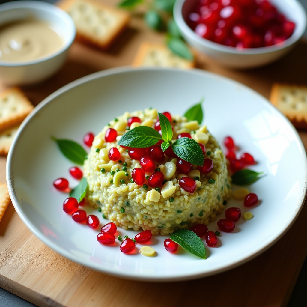 Plato blanco con tartare de alcachofa vegano decorado con semillas de granada y hojas de menta, acompañado de crackers integrales.