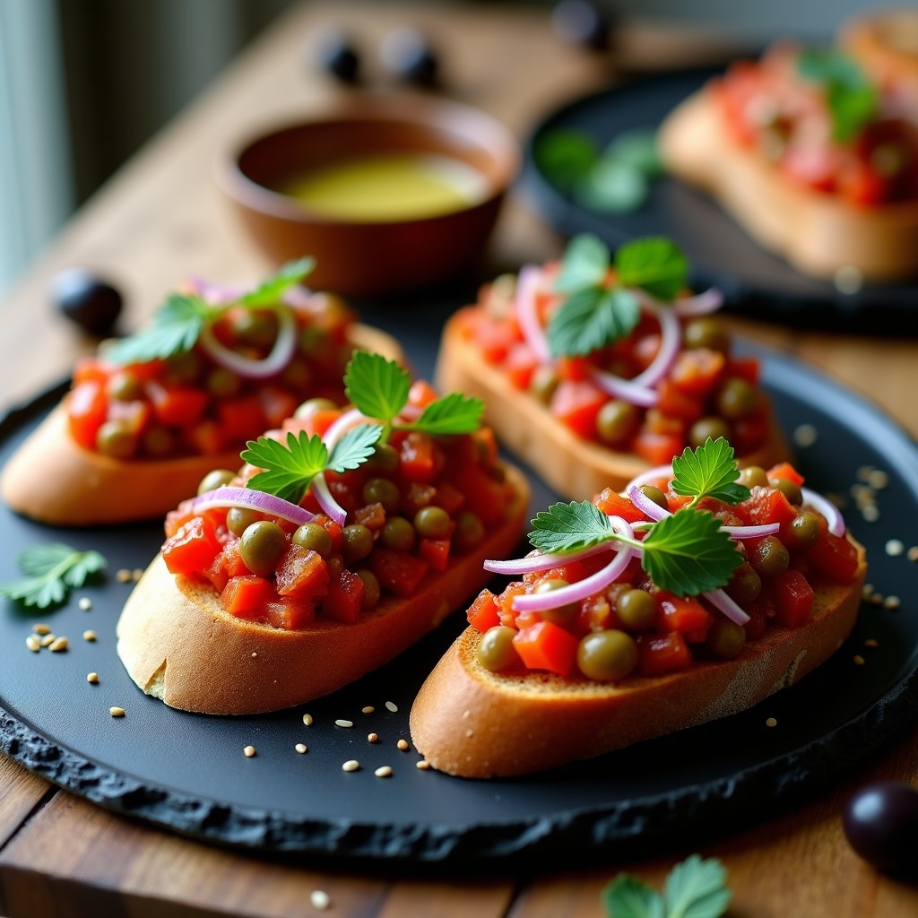 Tartare de jackfruit desmenuzada con aceitunas Kalamata, cebolla morada y alcaparras sobre tostadas redondas de pan de centeno, decorado con rúcula y semillas de granada. Plato vegano mediterráneo sin cocción.