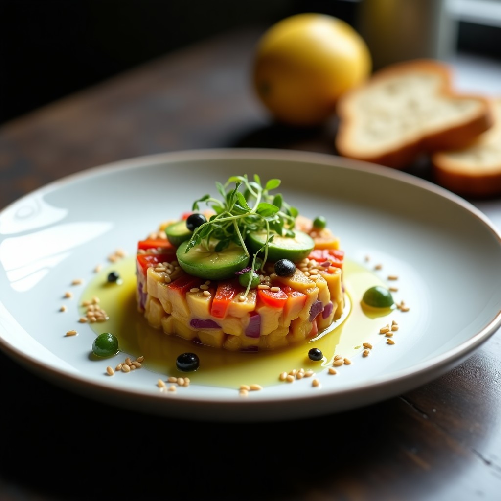 Tartare de jackfruit y aguacate servido en copas de cristal transparente, con semillas de sésamo tostadas y hojas de menta fresca como decoración. Plato vegano, sin gluten y alto en proteína.
