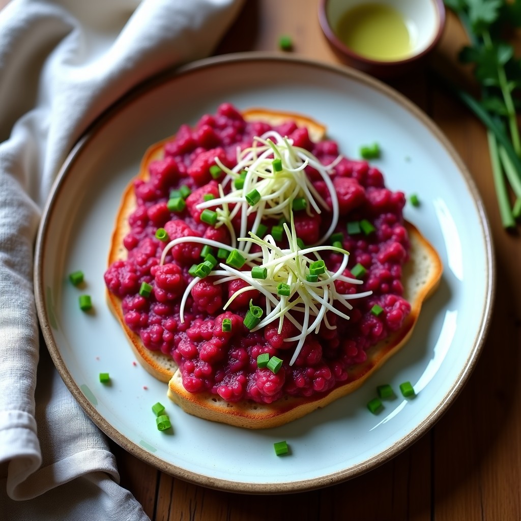 Tartare de remolacha ahumada y tofu servido sobre pan tostado sin gluten, decorado con brotes de rábano y cebollino fresco, con un fondo rústico de madera.