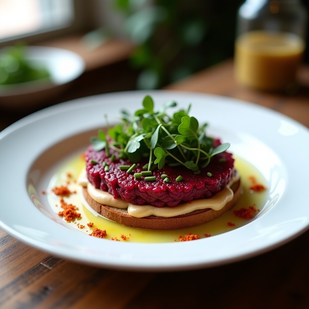 Plato blanco elegante con tartare de remolacha ahumada vegano sobre tostadas de centeno con hummus, decorado con rúcula y páprika ahumada.