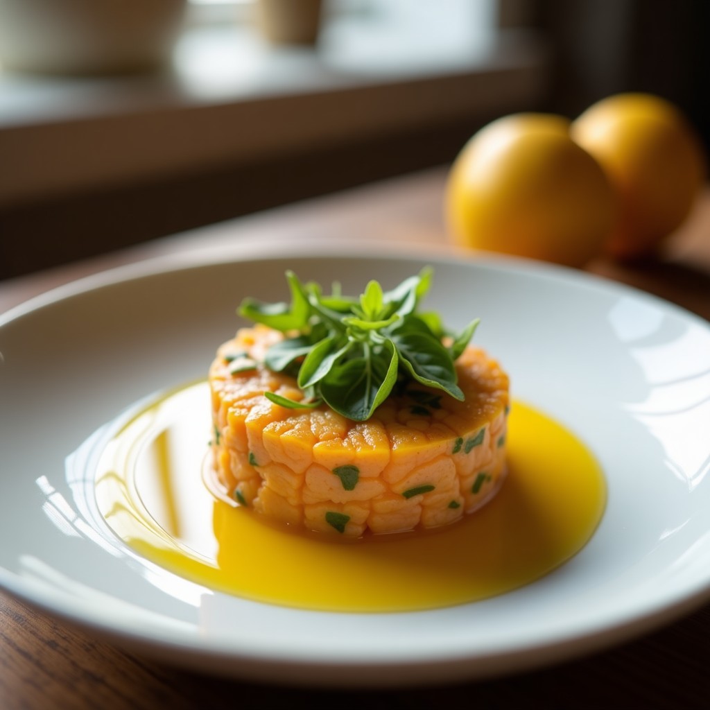 Plato blanco con tartare de remolacha amarilla y manzana verde finamente picados, decorado con semillas de sésamo tostadas, cilantro fresco y un hilo de aliño dorado de jengibre y limón.