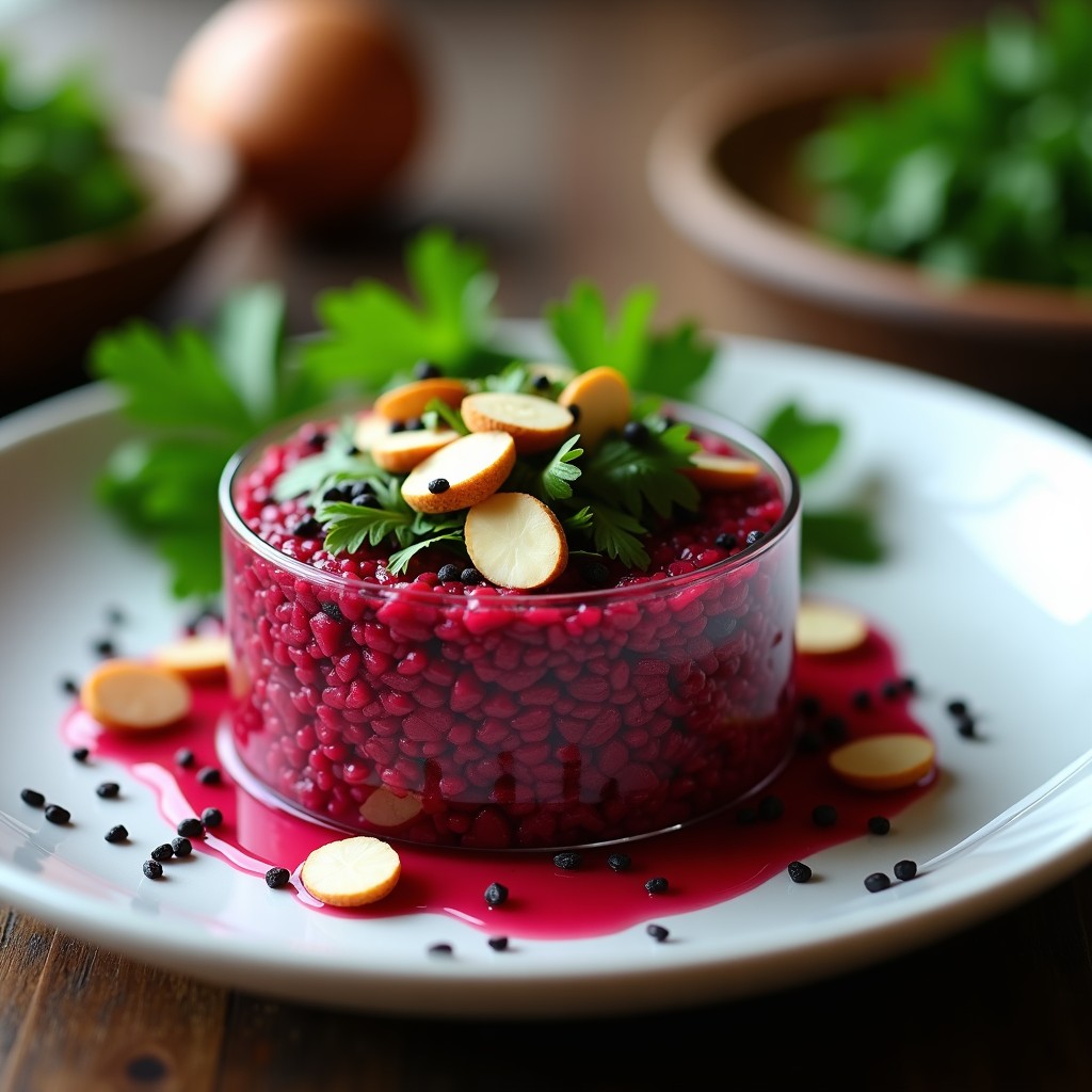Tartare de remolacha vegano servido en copa de cristal transparente, con capas de remolacha cruda picada, hierbas frescas y decoración de almendras fileteadas y semillas de sésamo negro.