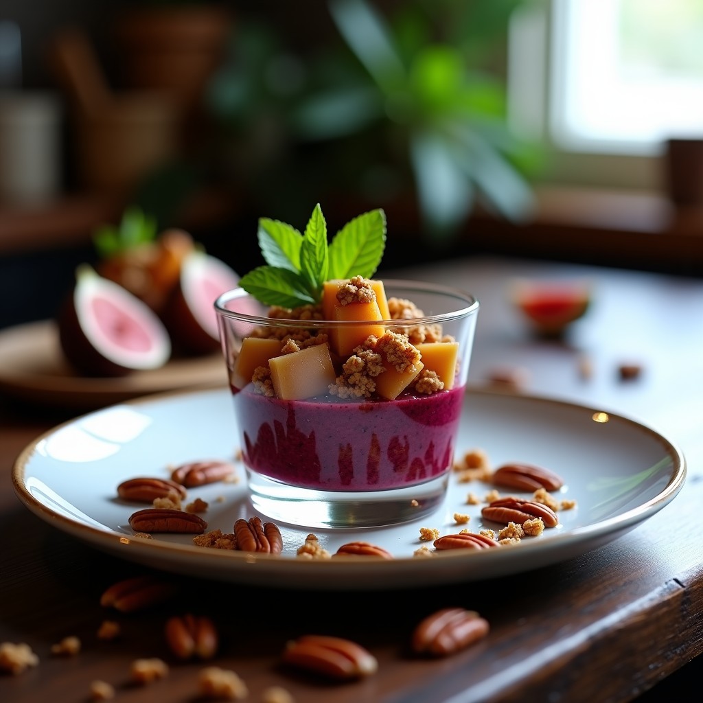 Copa de cristal transparente con tartare de remolacha en capas, higos caramelizados dorados, nueces pecanas y hojas de menta fresca, sobre fondo rústico de madera oscura.