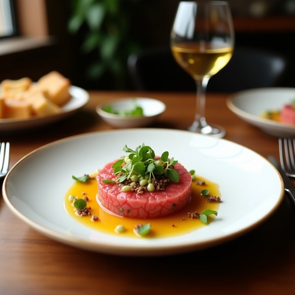Plato blanco elegante con tartare de remolacha y manzana verde en molde redondo, decorado con almendras tostadas, cebollino picado y microvegetales, bañado en aliño de mostaza de Dijon. Fondo con servilleta de lino y cubiertos de plata.