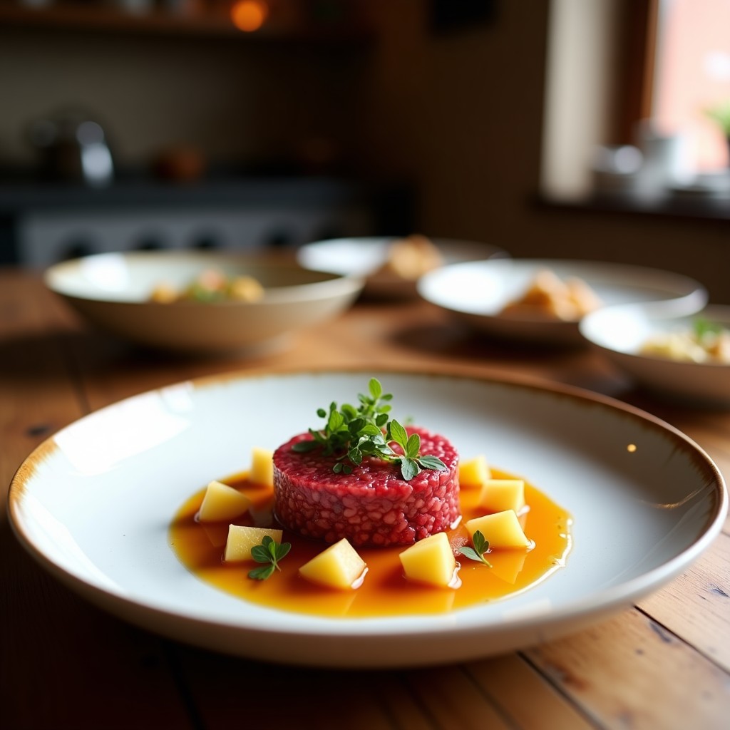 Tartare de remolacha y manzana con vinagreta de mostaza servido en molde redondo, con capas de remolacha rosa y manzana verde, decorado con semillas de sésamo, almendras fileteadas y perejil fresco. Plato vegano crudivegano lleno de color y texturas.