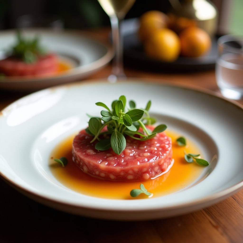 Tartare de remolacha roja en copa de cristal con vinagreta de naranja sanguina, decorado con almendras fileteadas y semillas de sésamo, sobre fondo rústico de madera.