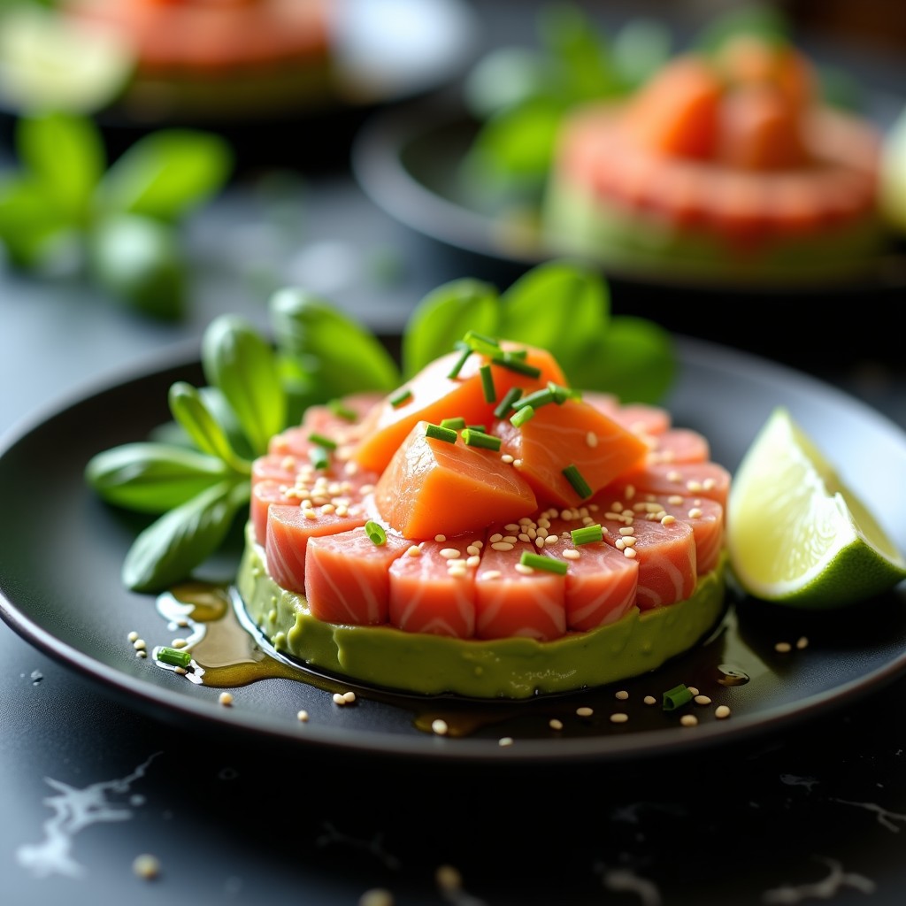 Tartare de salmón y aguacate con sésamo servido en molde redondo sobre plato negro, decorado con semillas de sésamo tostadas y cebollino fresco.