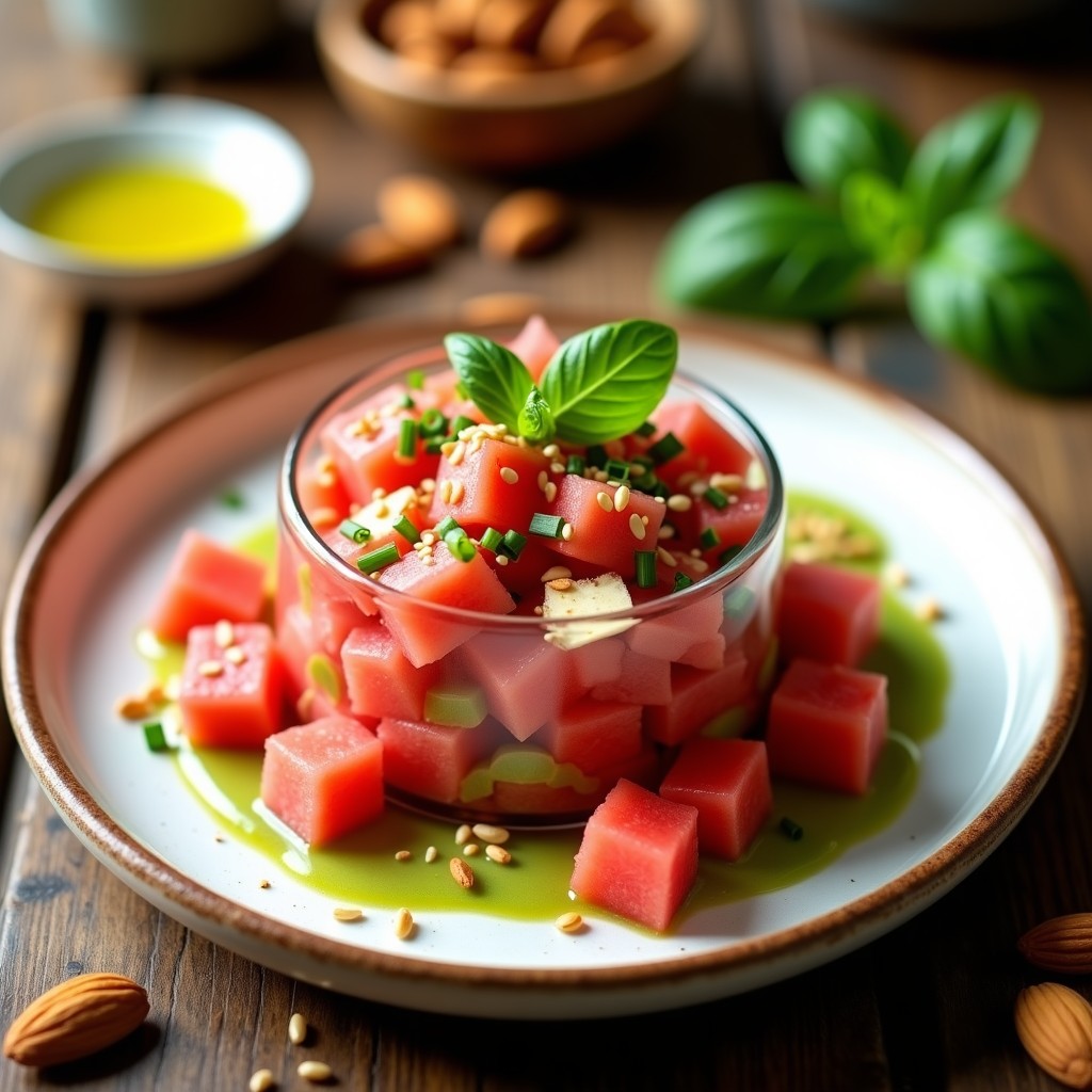 Tartare de sandía en cubos frescos mezclado con queso de almendras desmenuzado, bañado en vinagreta de albahaca verde brillante. Servido en copa de cristal con semillas de sésamo y cebollino picado como decoración. Receta crudivegana alta en antioxidantes.
