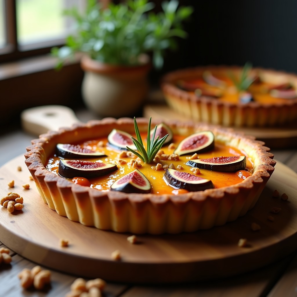 Tarte de brie y higos caramelizados en molde de horno, con masa dorada, queso brie derretido y higos brillantes cubiertos de miel y nueces, servida en tabla de madera rústica.