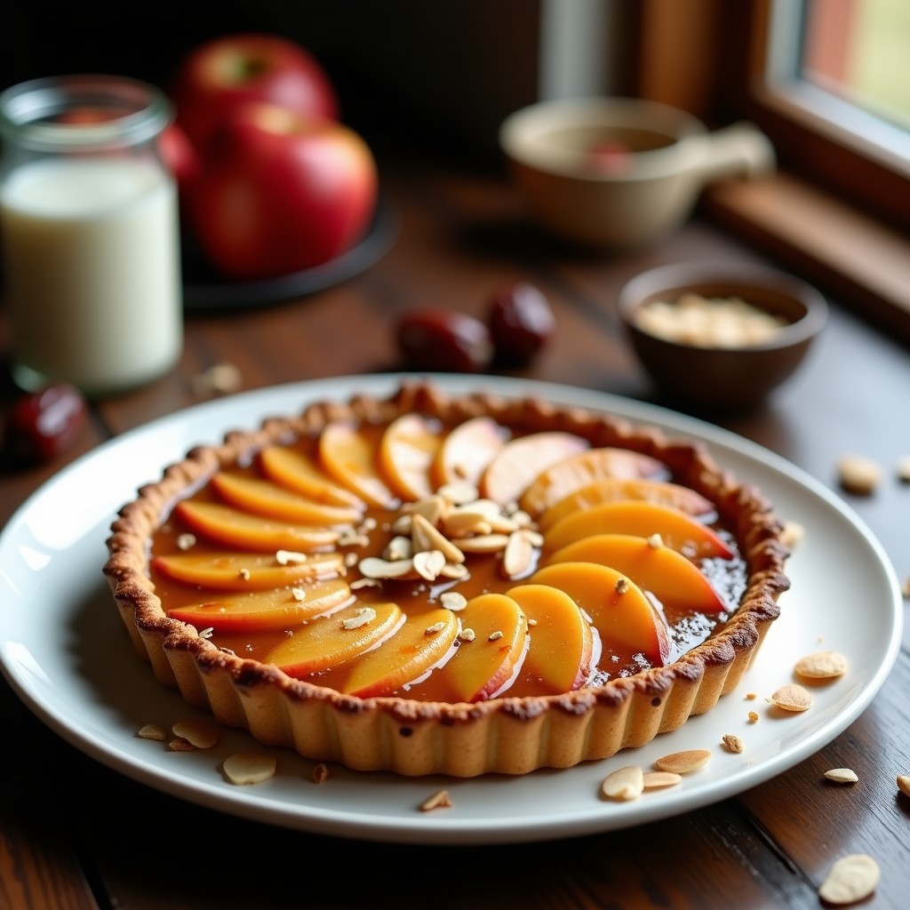 Tarte tatin vegana de manzana asada con caramelo de dátiles dorado, masa crujiente de avena y almendras fileteadas, servida en plato blanco rústico con fondo de madera oscura.